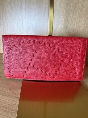 Hermes Red Pebbled Leather Clutch with Stud Detail